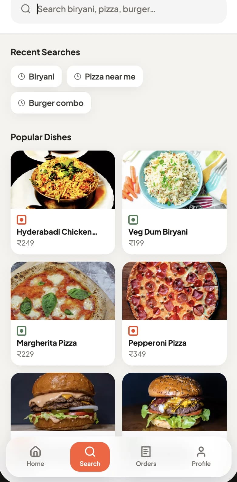 BiteRush — search with recent searches and popular dishes.