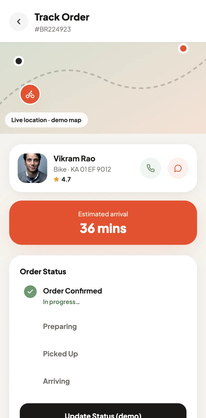 BiteRush — tracking an order with the rider, arrival time and status.