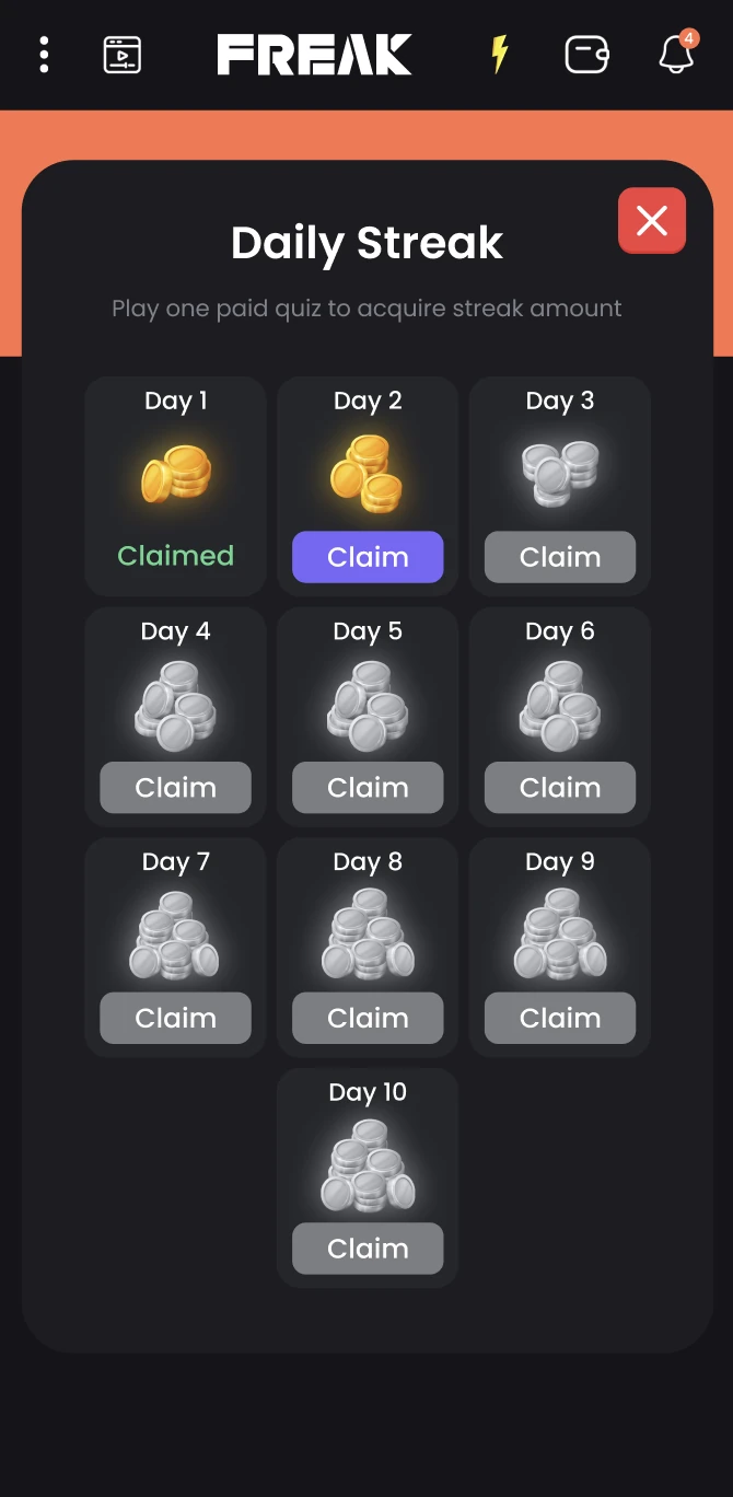 Freak — daily streak rewards across ten days.