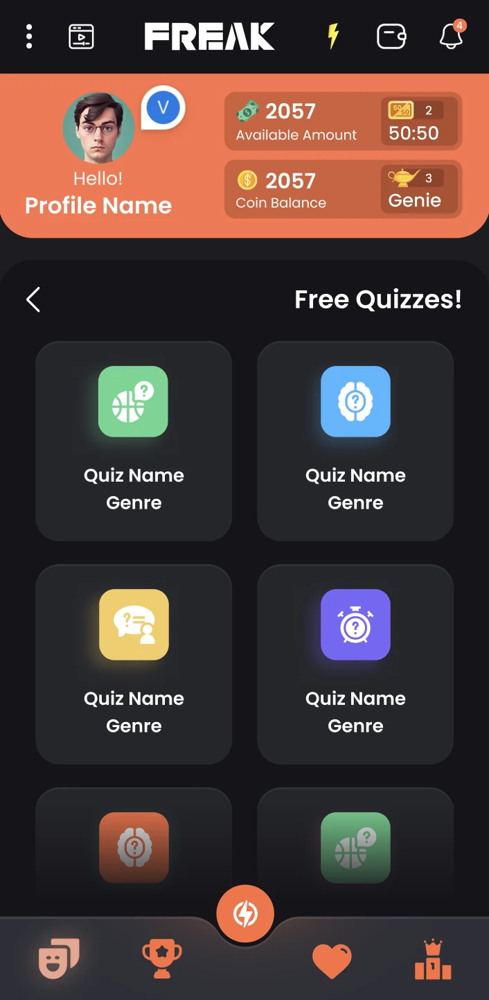 Freak — browsing free quizzes by category.