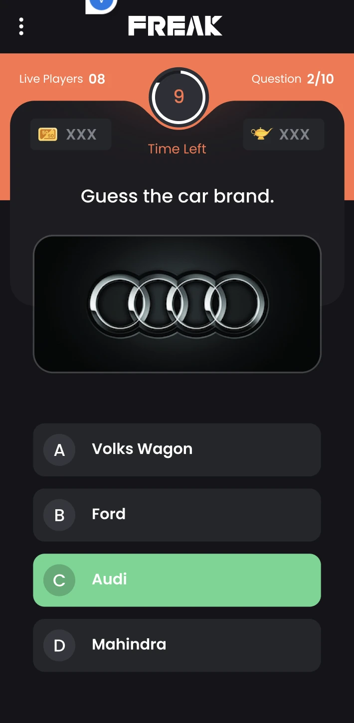 Freak — a live question: guess the car brand, with the timer, live player count and the correct answer highlighted.