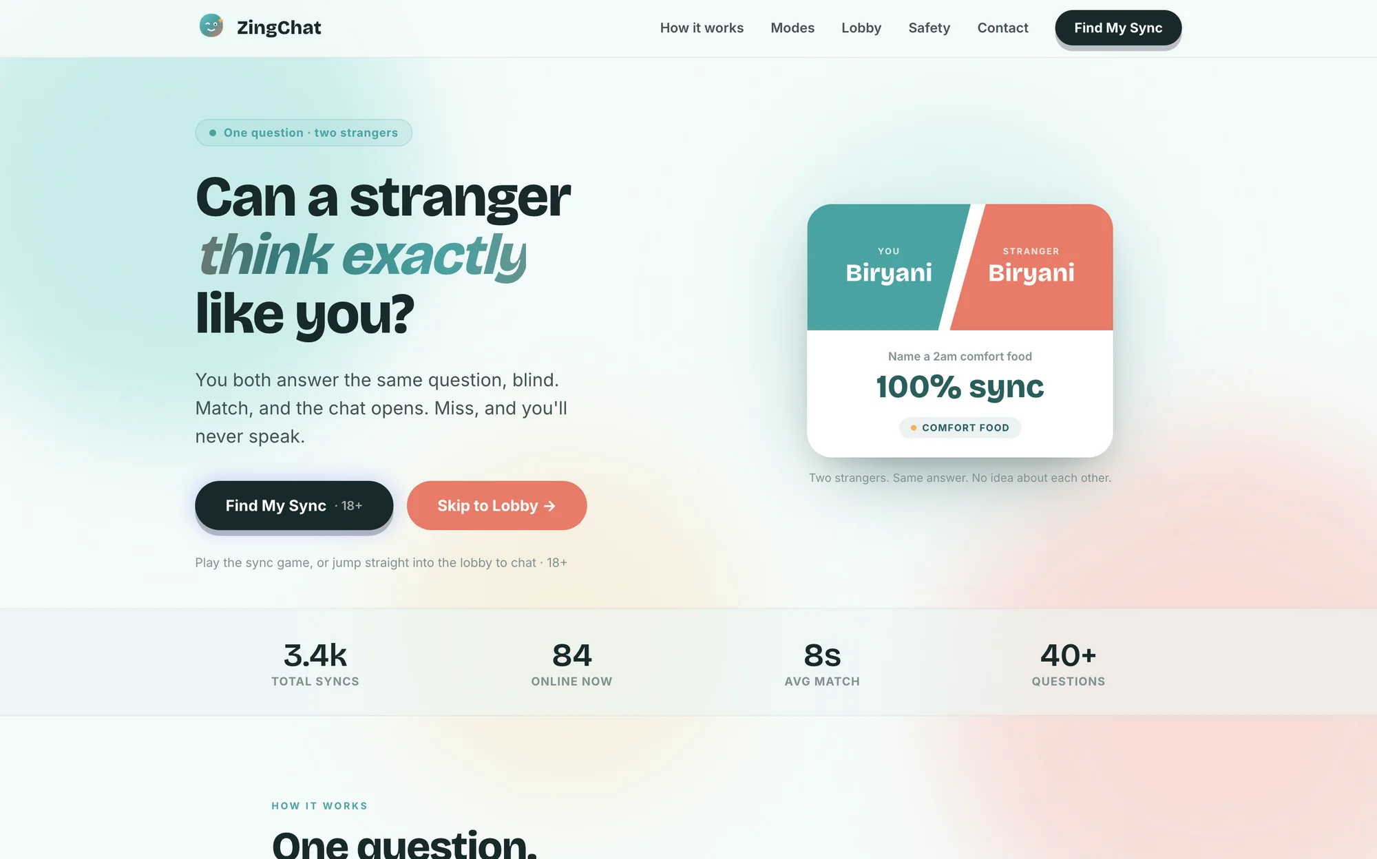 ZingChat homepage — two strangers both answering “Biryani” for a 100% sync.