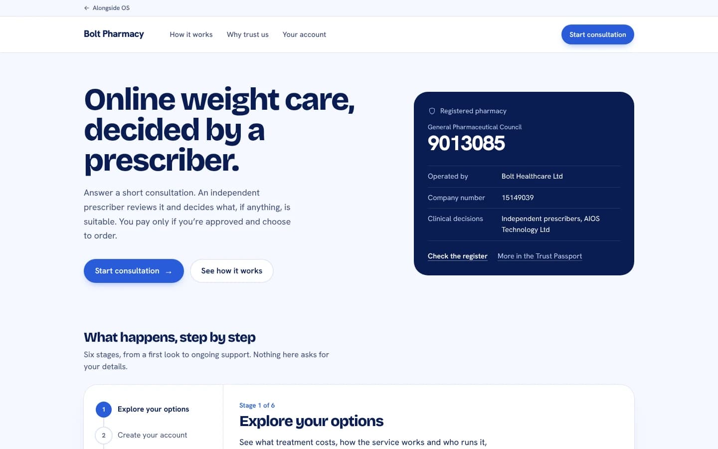 Bolt Pharmacy landing experience in Alongside OS.
