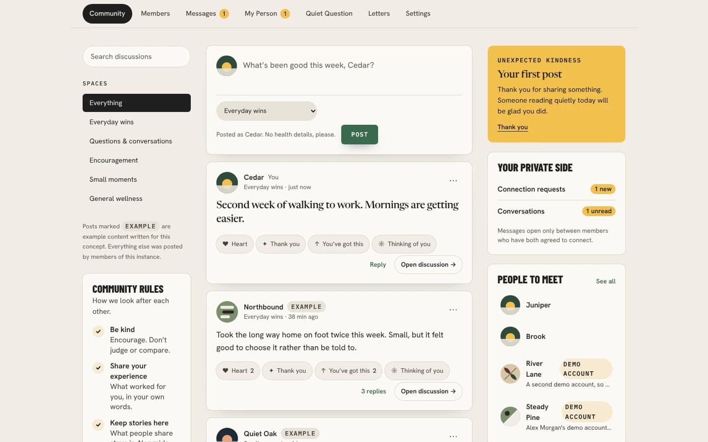 The Alongside community — spaces, posts and people to meet, organised around conversations.