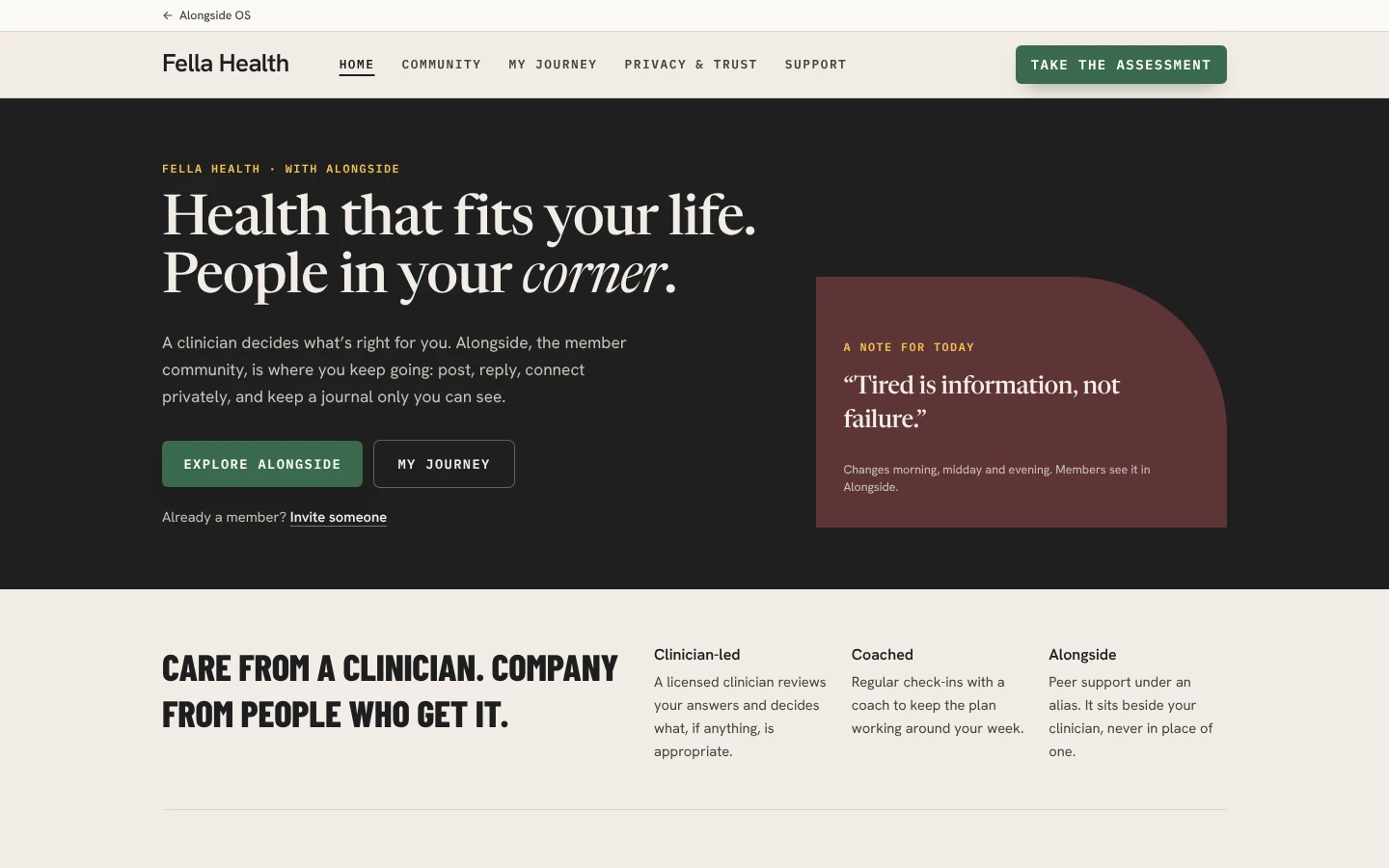 Fella Health landing experience in Alongside OS.