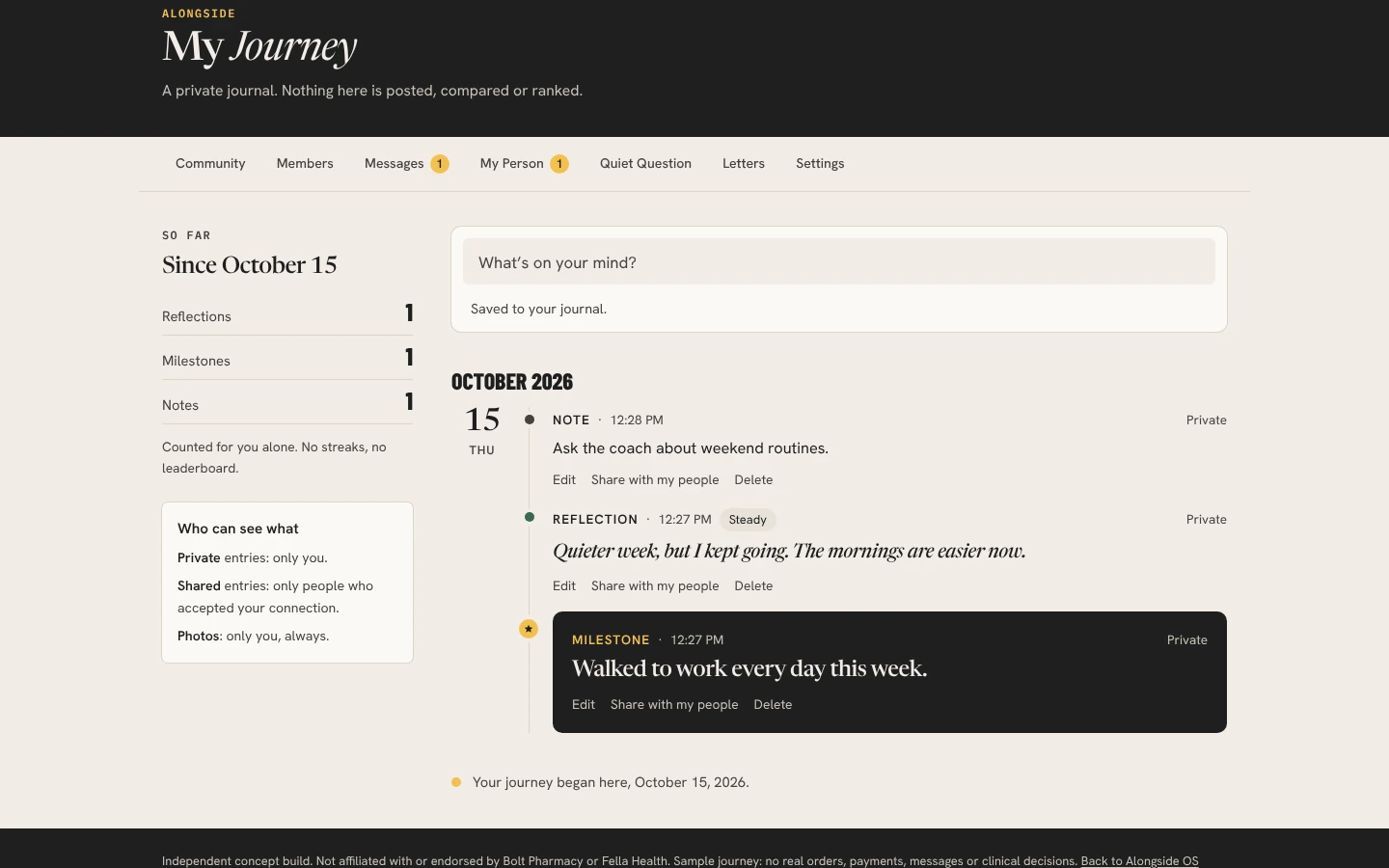 My Journey — a private journal of notes, reflections and milestones.