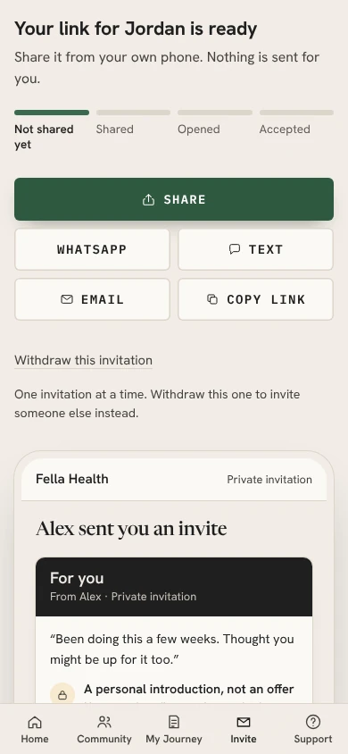 An invitation link ready to share on mobile, with a preview of what the recipient sees.