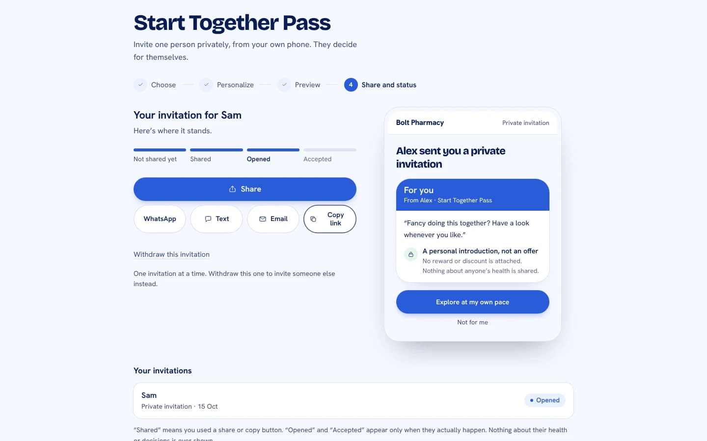 Start Together Pass — sharing a private invitation and seeing its status, with a live preview of what Sam receives.