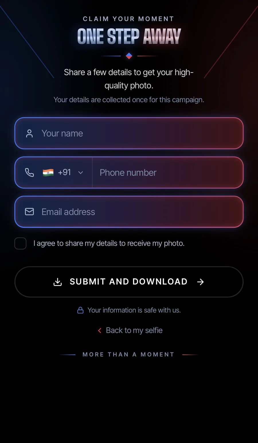 Selfie QR — the form guests fill in to receive their photo.