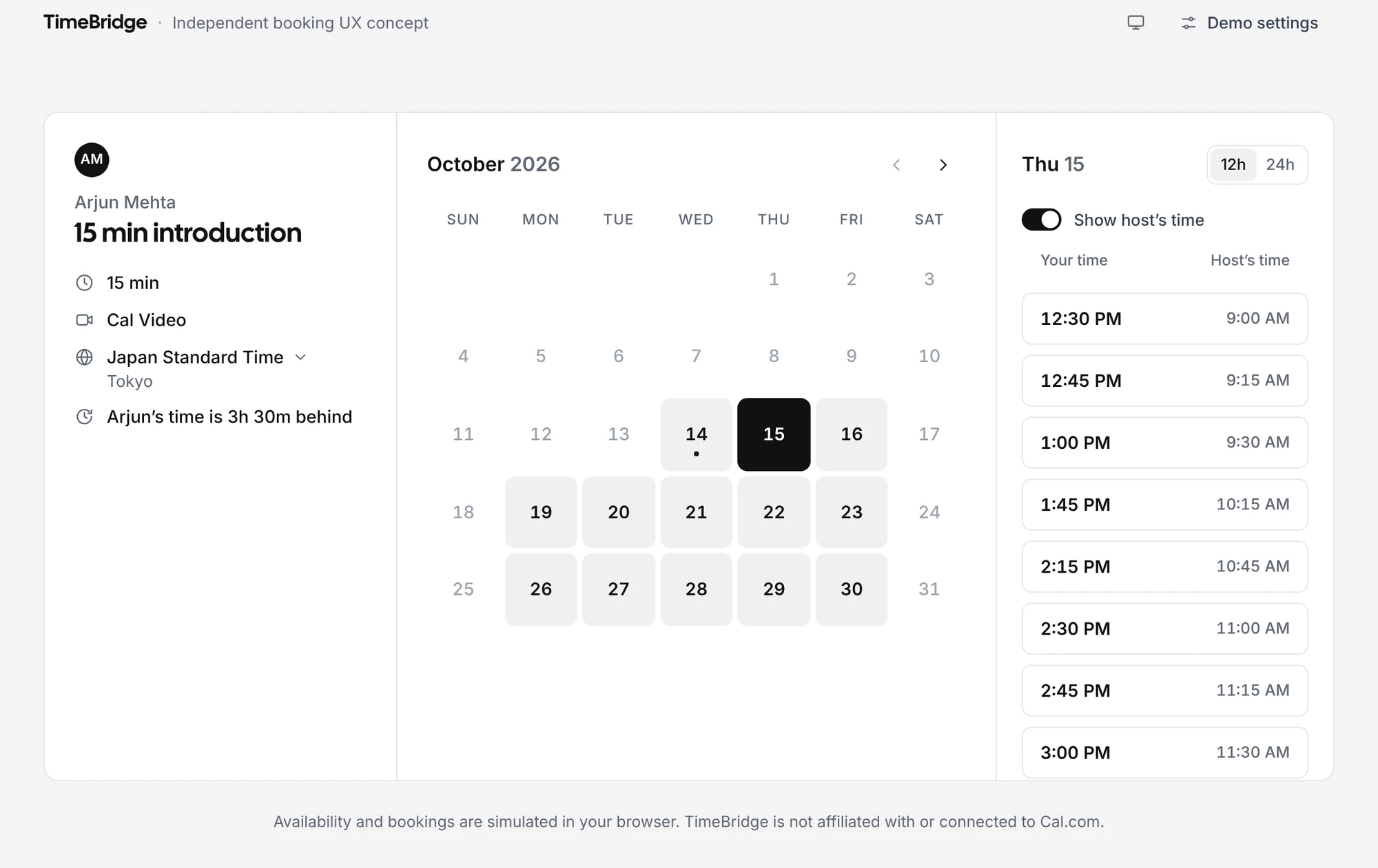 Booking step — a calendar and time slots shown in the guest’s time with the host’s time alongside.