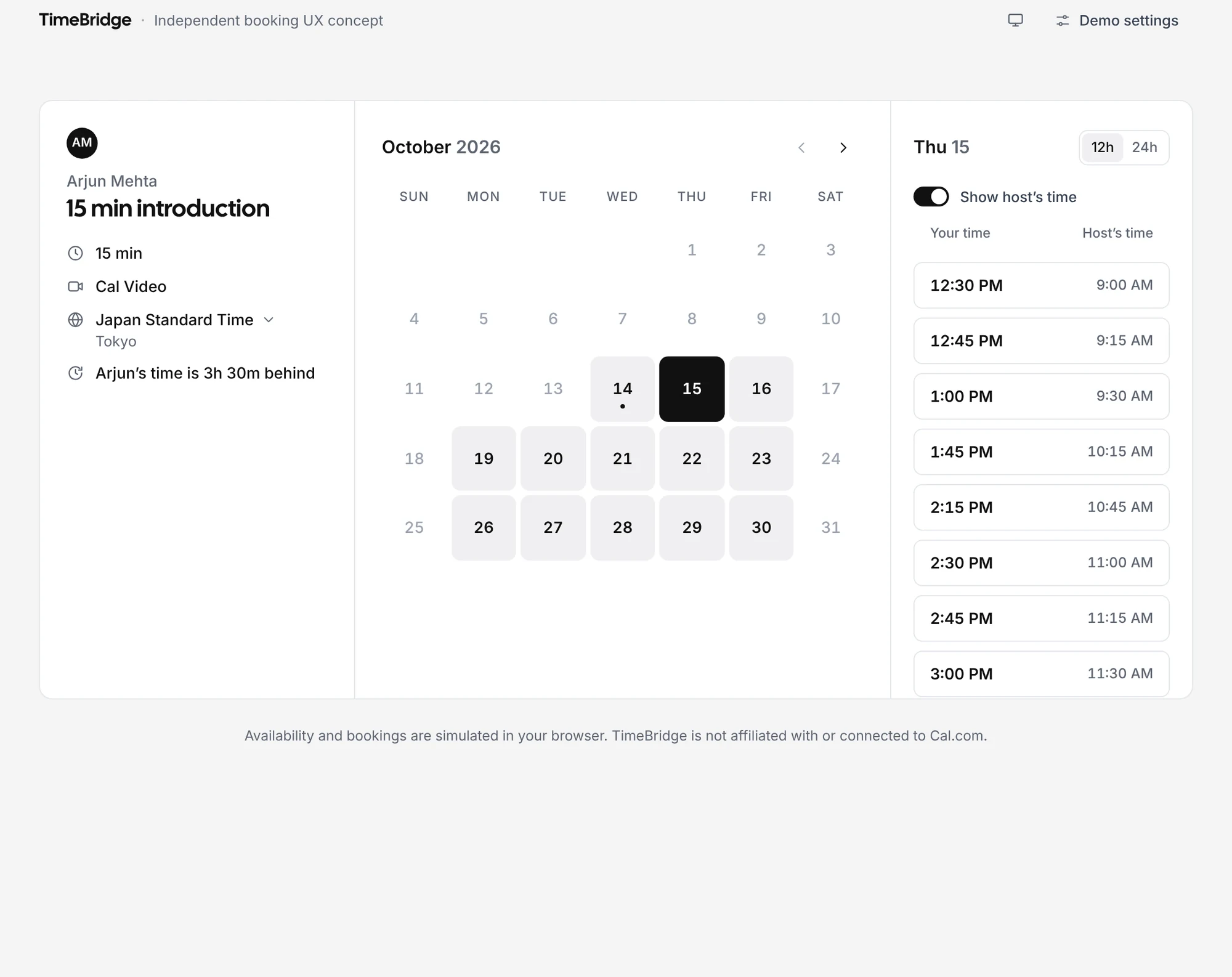 Booking — calendar and time slots in the guest’s time, with the host’s time alongside.
