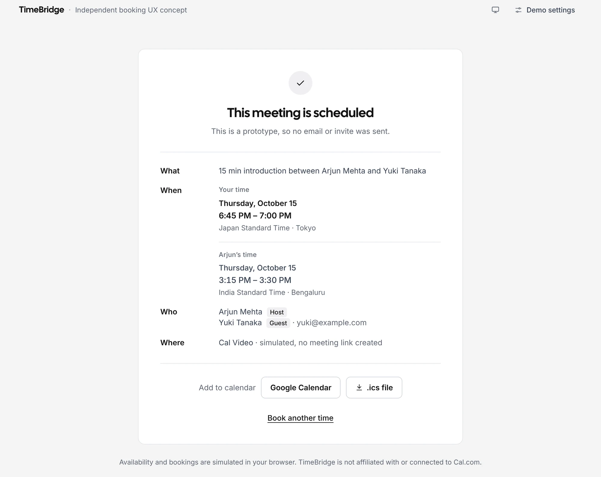 Confirmation — what, when in both time zones, who and where, with calendar options.