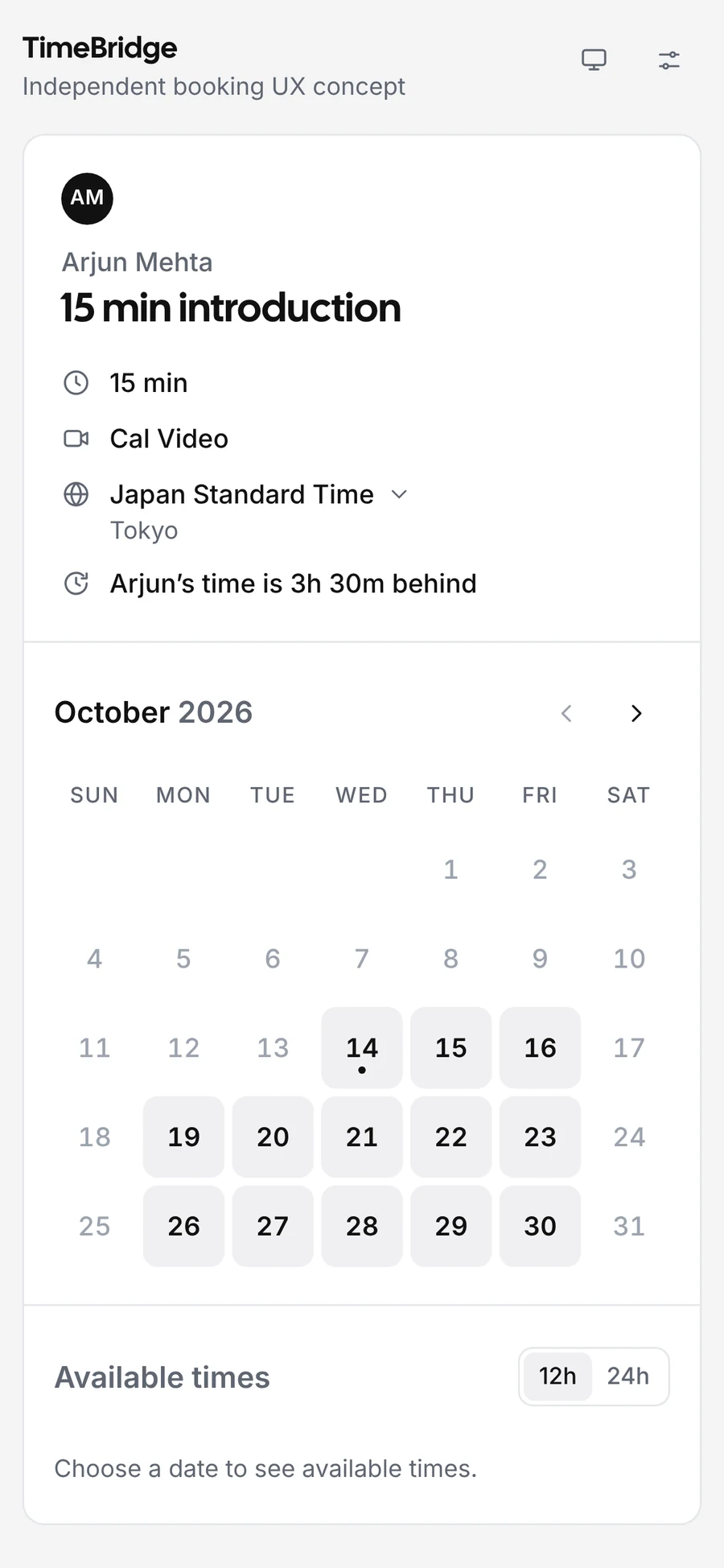 Booking on a phone — event details, time zone note and calendar.