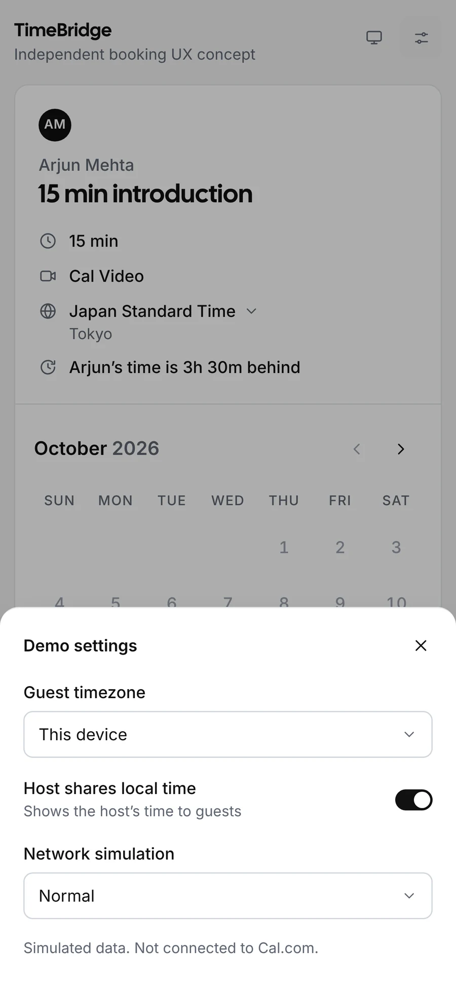 Demo settings on a phone — guest time zone, host’s local time and network simulation.