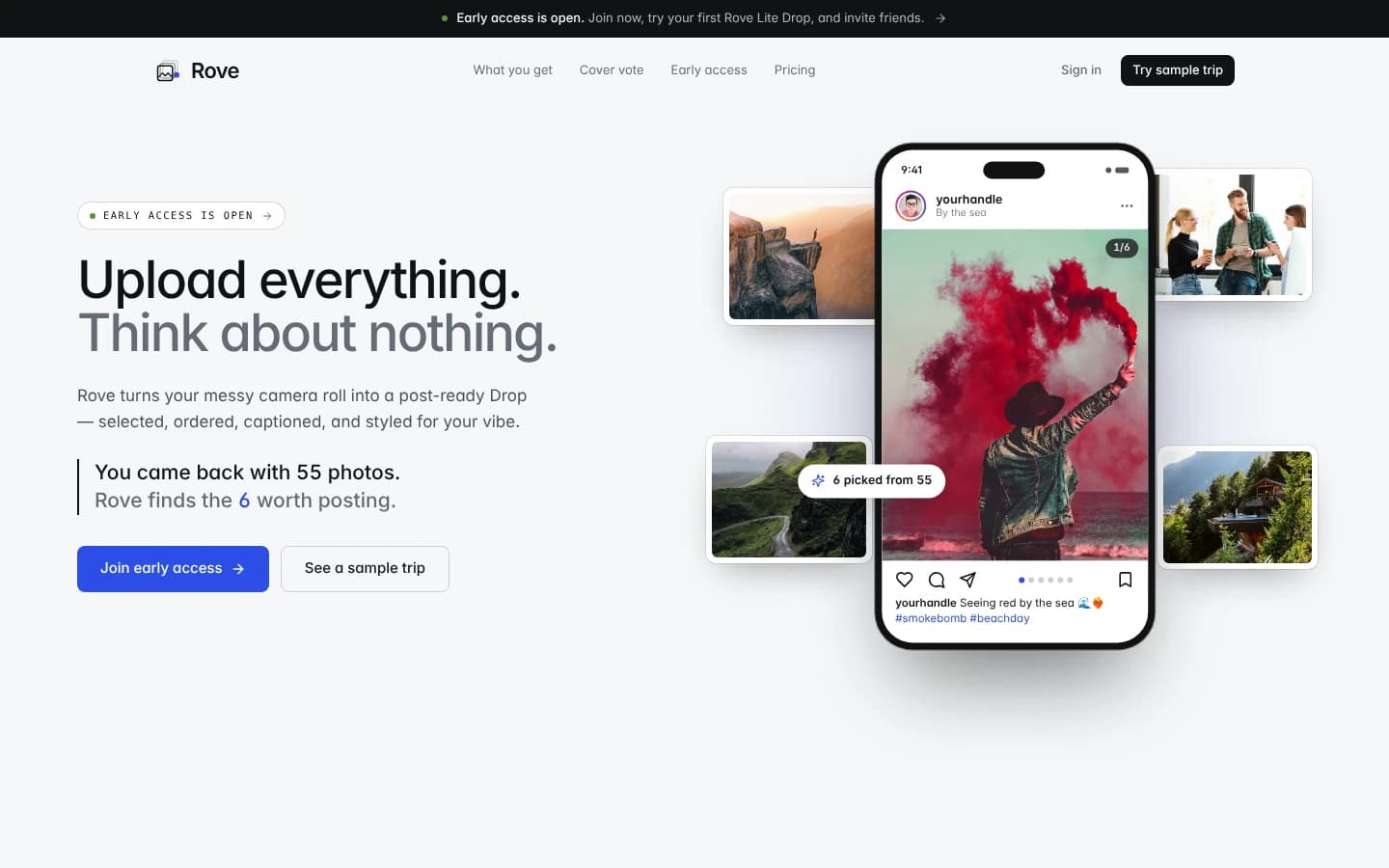 Rove homepage — a post-ready Drop of 6 photos picked from 55.
