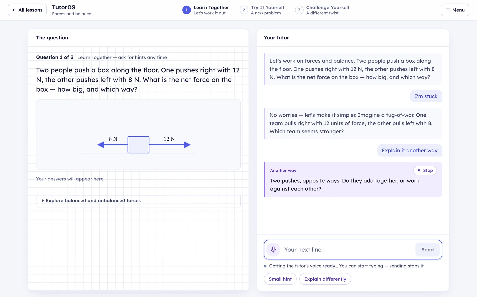 TutorOS — a Learn Together lesson on forces, with the tutor offering another explanation.